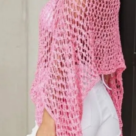 VENTI 6 Open Weave Holey Italian PINK Italy Off Shoulder Knit Poncho Sheer Shirt - Picture 4 of 6